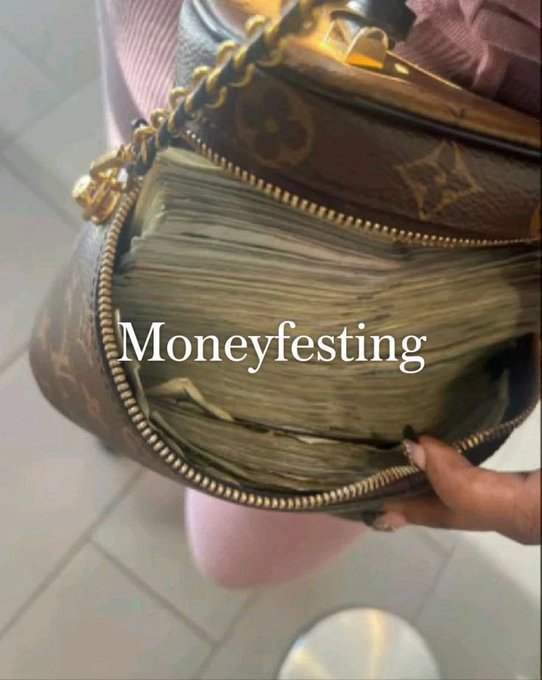 Close-up image of an open Louis Vuitton monogram handbag stuffed full of cash bundles, overlaid with the text 'Moneyfesting'.