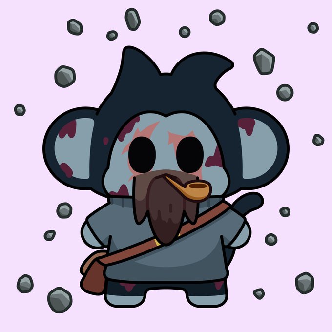 A cartoon illustration of a blue, zombie-like monkey character with black button eyes, a brown beard, wearing a gray shirt and carrying a satchel, surrounded by floating gray rocks.