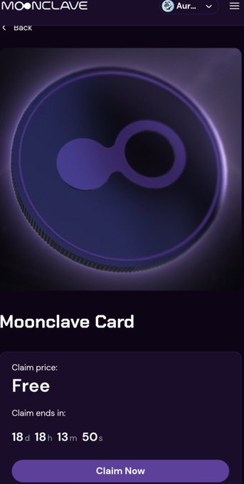 A mobile app screenshot from "MOONCLAVE" displaying a "Moonclave Card" that is free to claim, with a countdown timer showing 18 days, 18 hours, 13 minutes, and 50 seconds remaining.