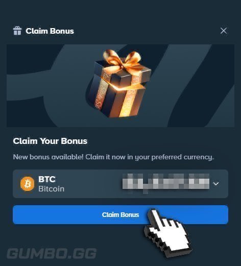 A "Claim Bonus" popup from GUMBO.GG featuring a gift box graphic, showing a new bonus available with Bitcoin (BTC) selected as the preferred currency and a blue "Claim Bonus" button being clicked. The image relates to the post by showing the Stake weekly bonus drop that users can claim in BTC.