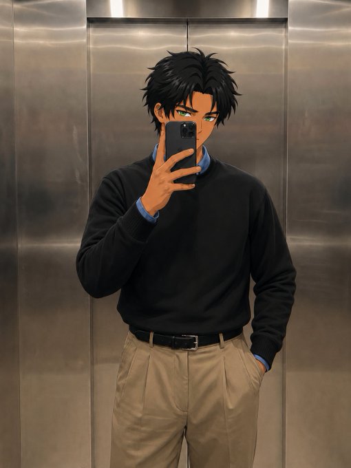 An anime-style illustration of a young man with messy black hair and green eyes taking a mirror selfie with his phone in an elevator, wearing a black sweater over a blue collared shirt with khaki pleated pants.
