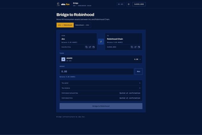 A screenshot of the okafriendchi.aka.fun "Bridge to Robinhood" interface, showing a token transfer setup from Arc to Robinhood Chain with AKARE token (Balance: 0.00 AKARE) selected and a "Bridge to Robinhood" button at the bottom. The interface visually supports the post's announcement that the bridge is ready to open for moving AKARE ecosystem assets between Arc and Robinhood Chain via LayerZero OFT.