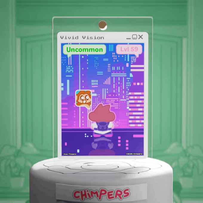 A digital trading card titled 'Vivid Vision' labeled 'Uncommon' and 'Lvl 59', featuring a pixelated character against a purple cityscape backdrop, with the name 'CHIMPERS' on the stand below.
