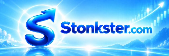 A vibrant blue banner showcases the Stonkster.com logo featuring a stylized "S" arrow, set against a sky background with upward-trending candlestick chart graphics. The image visually reinforces the post's message about $StonkSter carving out its own identity on Robinhood Chain, with the rising chart symbolizing the bullish "Stonk" culture and mindset the post references.