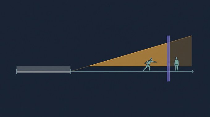 A diagram illustrates the concept of a shadow growing larger as a person approaches a light source, showing a stick figure walking toward a lamp with an elongated orange triangular shadow.
