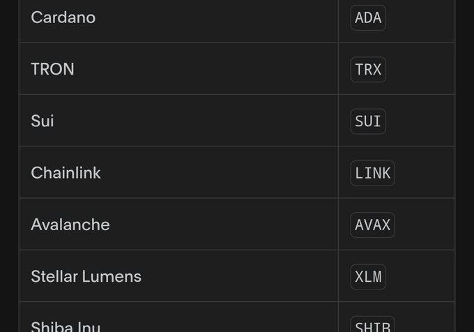 A cryptocurrency list showing tokens and their tickers: Cardano (ADA), TRON (TRX), Sui (SUI), Chainlink (LINK), Avalanche (AVAX), Stellar Lumens (XLM), and Shiba Inu (SHIB).