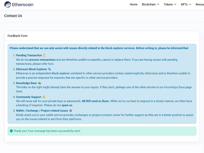 Screenshot of Etherscan's Contact Us page showing a feedback form with a green success message "Thank you! Your message has been successfully sent!" and guidelines about pending transactions and support limitations.
