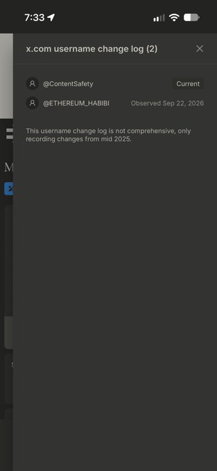 A dark-themed screenshot of an x.com username change log modal showing two usernames, @ContentSafety (Current) and @ETHEREUM_HABIBI (Observed Sep 22, 2026).