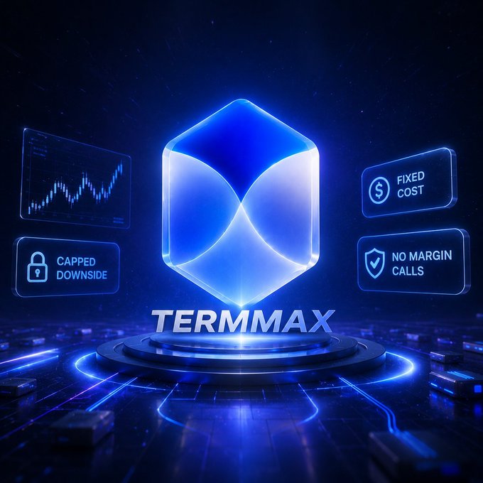 A futuristic blue glowing 3D logo/graphic for "TERMMAX" displayed on a circular platform with surrounding feature labels including "FIXED COST", "NO MARGIN CALLS", "CAPPED DOWNSIDE", and a price chart.