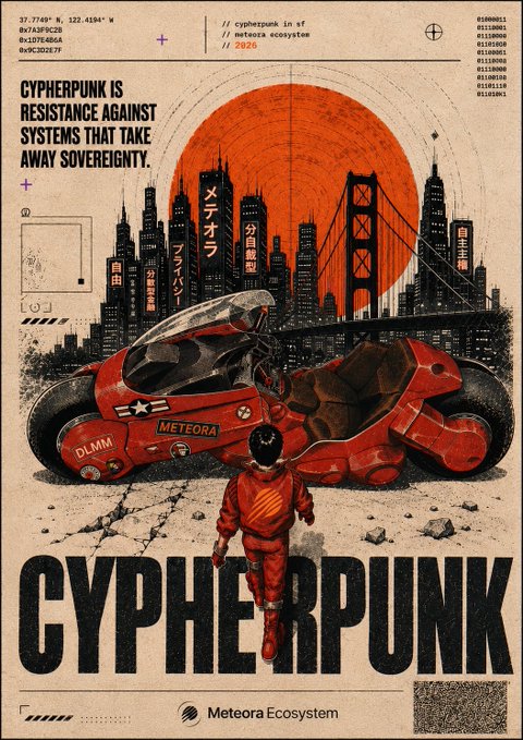 A vintage-styled poster featuring "CYPHERPUNK IS RESISTANCE AGAINST SYSTEMS THAT TAKE AWAY SOVEREIGNTY" text above a retro-futuristic cityscape with a large red sun, a motorcycle labeled "METEORA," and a child in a spacesuit, branded with "Meteora Ecosystem." The accompanying post about meeting cybersecurity and crypto-curious people aligns with the poster's cyberpunk theme, which emphasizes resistance and sovereignty—core values celebrated at the DG717 cypherpunk gathering.