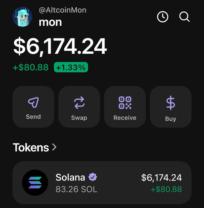 A screenshot of the @AltcoinMon crypto wallet showing a balance of $6,174.24 (+$80.88, +1.33%), held entirely in 83.26 Solana (SOL). The image is shared in response to the post "what's your solana address?" by playfully showcasing a wallet holding significant SOL rather than disclosing an actual address.