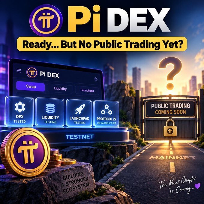 A promotional graphic for 'Pi DEX' featuring the Pi cryptocurrency logo, with text reading 'Ready... But No Public Trading Yet?', showing a testnet interface with options for DEX, Liquidity, Launchpad, and Protocol 27 Infrastructure testing, alongside a padlocked gate labeled 'PUBLIC TRADING COMING SOON' and 'MAINNET' on a road.