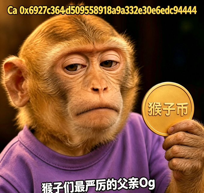 A meme image of a monkey in a purple shirt holding a gold coin labeled "猴子币" (Monkey Coin), with text reading "猴子们最严厉的父亲Og" and a contract address "0x6927c364d509558918a9a332e30e6edc94444" at the top.