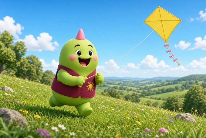 A 3D-rendered character with a pink mohawk runs through a flowery field while flying a yellow kite under a blue sky.