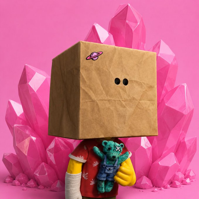 urn of pink crystals, a cardboard box with a green sticker, and a person holding a stuffed animal against a pink background.