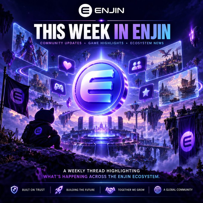 A promotional graphic titled 'THIS WEEK IN ENJIN' featuring the Enjin logo with text 'COMMUNITY UPDATES • GAME HIGHLIGHTS • ECOSYSTEM NEWS' and 'A WEEKLY THREAD HIGHLIGHTING WHAT'S HAPPENING ACROSS THE ENJIN ECOSYSTEM' over a fantasy landscape with floating islands.