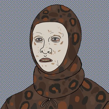 A stylized illustration of a person wearing a brown leopard-print hooded garment, with a pale face featuring small marks, set against a patterned blue background.