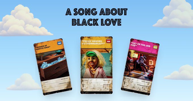 A promotional image titled 'A SONG ABOUT BLACK LOVE' showing three trading cards: 'DRAWER OF PLASTIC BAGS', 'PREGNY HAVING A THROMBOSIS??!' featuring Tyler, the Creator, and 'GET IN THE JAZZ MOB'.