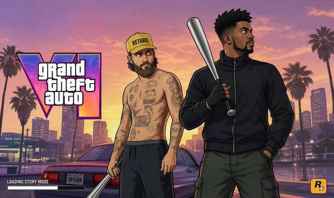The image is a loading screen for a "Grand Theft Auto VI" game mod, featuring two cartoon characters—one shirtless with tattoos and a yellow "RETARD" cap holding a bat, the other in a black jacket holding a baseball bat—against a Vice City sunset skyline, with a "LOADING STORY MODE" progress bar at the bottom. It humorously relates to the post as a comedic "last image" you'd see while doomposting on Solana, mocking both crypto tribalism and the endless waiting/meme culture surrounding it.