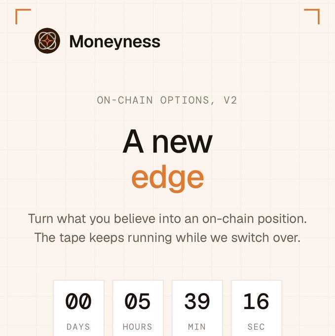 A Moneyness promotional graphic announcing 'ON-CHAIN OPTIONS, V2 - A new edge' with a countdown timer showing 00 days, 05 hours, 39 minutes, 16 seconds.