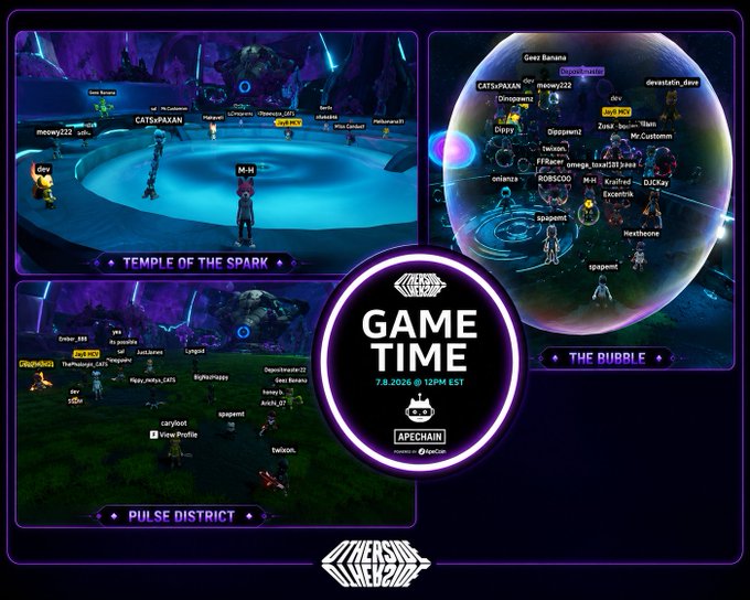 A promotional graphic for "GAME TIME" on the ApeChain, showcasing various virtual world locations including the "TEMPLE OF THE SPARK," "PULSE DISTRICT," and "THE BUBBLE," dated 7.8.2026.