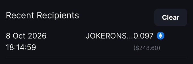 The image shows a cryptocurrency transaction confirmation displaying "Recent Recipients" with a transfer of 0.097 ETH (worth $248.60) sent to the address beginning "JOKERONS..." on October 8, 2026 at 18:14:59. This receipt supports the accompanying post announcing a ~$250 crypto transfer.
