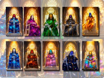A collection of ten colorful fantasy character portraits displayed in ornate frames, featuring warriors and figures in vibrant, glowing attire.