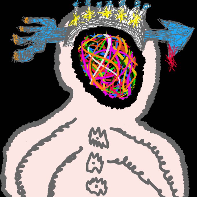 Crude MS Paint-style digital drawing of a beige humanoid figure wearing a crown with yellow stars, with arrows pointing in opposite directions and a scribbled colorful mass where the face should be.