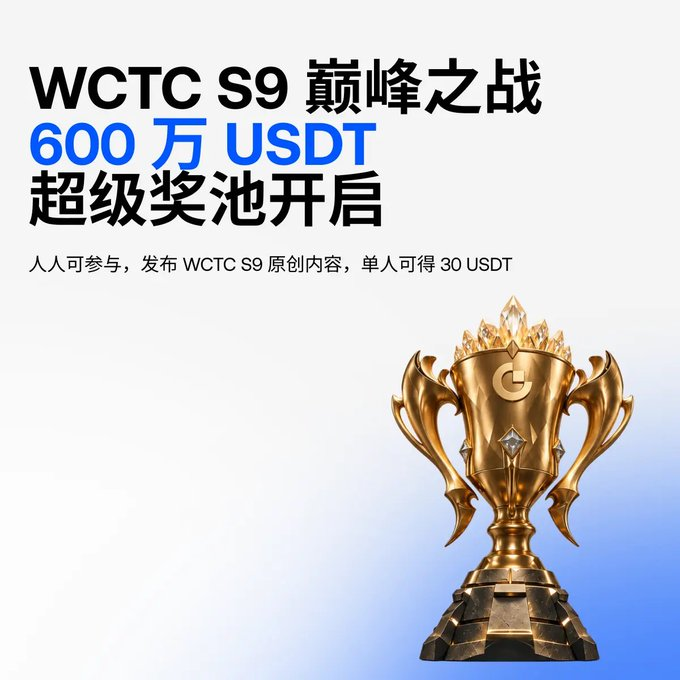 A Chinese promotional graphic for 'WCTC S9' featuring a golden trophy and advertising a '600万 USDT' (6 million USDT) prize pool where participants can earn 30 USDT.