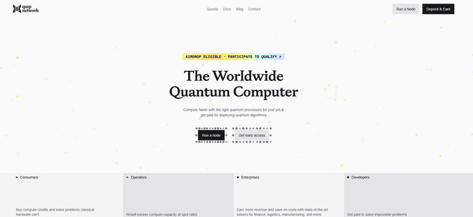 The image shows a website called "The Worldwide Quantum Computer" which appears to be a platform for developing smart contracts and executing them across different blockchain networks. The website has a clean, white background with black text that highlights its purpose. It also features a navigation bar at the top of the page, providing users with options to explore various aspects of the platform or learn more about it.