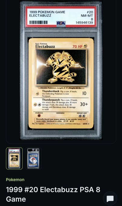 A PSA-graded Pokemon card listing for a '1999 #20 Electabuzz PSA 8 Game' card, showing the gold-stamped Electabuzz card with a value of 10 and 30+ HP.