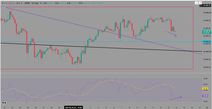 A Bitcoin (BTC/USD) 4-hour chart shows price holding above the key $60,000 support zone with a downward sloping trendline, with the RSI indicator at 20.46 indicating oversold conditions and a potential bounce opportunity, aligning with the author's bullish outlook targeting a new high of $65,000.
