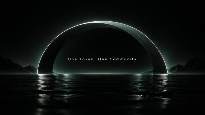 A dark, cinematic image showing a glowing circular portal or archway reflected on water with the text 'One Token. One Community.' in the center.