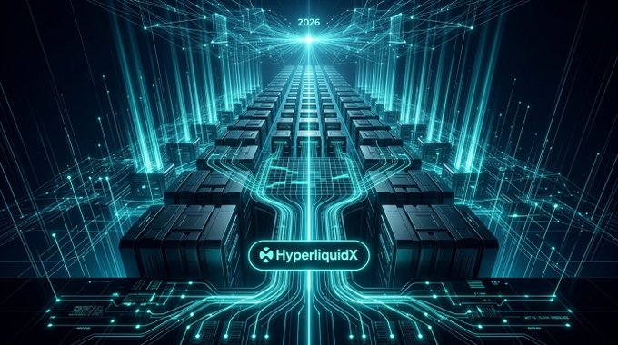 A futuristic, glowing cyan visualization of a high-performance server stack with "HyperliquidX" branding at the center, topped by "2026," symbolizes the vertical integration and custom-built infrastructure required to achieve the sub-second finality highlighted in the post. The streamlined, interconnected design contrasts with the "general-purpose virtual machines" the caption criticizes as bottlenecks.