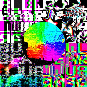 A glitch art piece features a colorful, distorted skull in rainbow hues surrounded by corrupted, pixelated text fragments in bright pinks, greens, and blues.