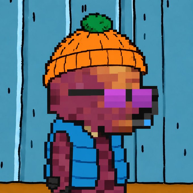A colorful pixel art illustration of a character with brown skin, pink sunglasses, an orange beanie with a green pom-pom, and a blue puffer vest.