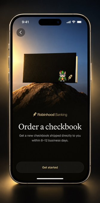 A smartphone displaying the "Robinhood Banking" app with the heading "Order a checkbook" and text promising delivery within 8-12 business days.