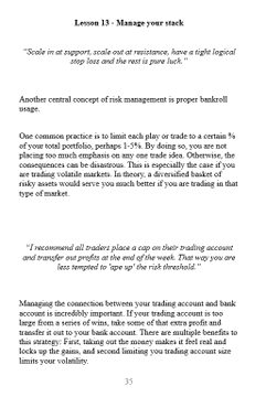 The image is a page from a trading guide titled "Lesson 13 - Manage your stack," featuring a quote about scale and balance, followed by advice on bankroll management, including a recommendation to risk only 1-3% per trade on a $500 bank account, with the note that percentage-based position sizing is advised over fixed trading amounts.