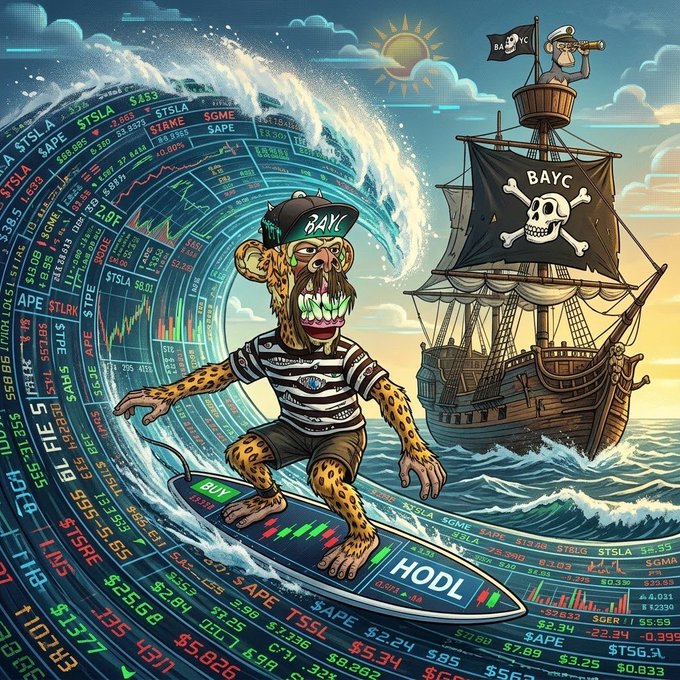 A digital illustration of an anthropomorphic cheetah wearing a "BAYC" cap riding a surfboard labeled "HODL" and "BUY" on a wave made of stock tickers (TSLA, APE, GME, TSLA) with a pirate ship flying a "BAYC" skull-and-crossbones flag in the background.
