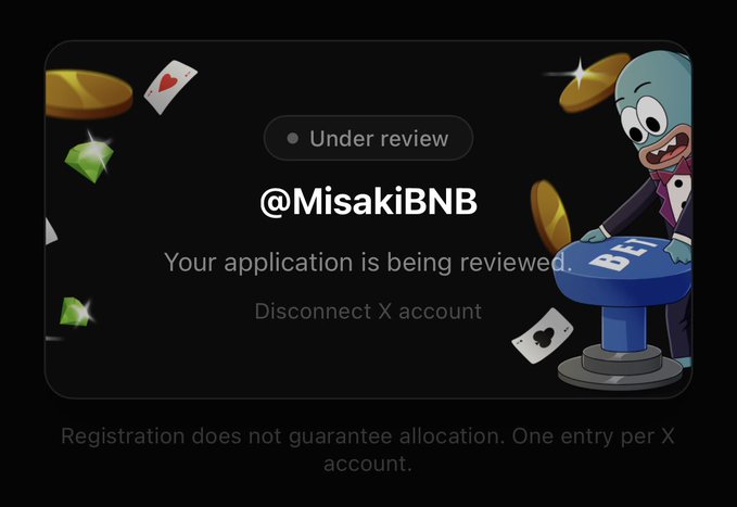 A status notification for @MisakiBNB showing 'Under review' with text 'Your application is being reviewed' and 'Disconnect X account' option, featuring a cartoon squid character with Bet gambling-themed imagery (cards, coins).