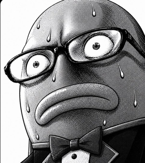 A black-and-white cartoon illustration depicts a sweating, wide-eyed man wearing glasses and a bow tie, appearing visibly anxious.