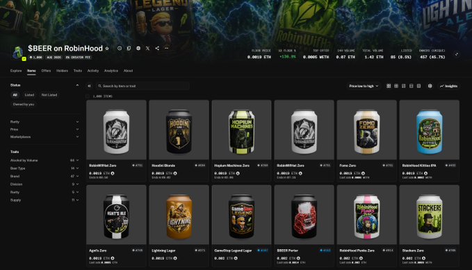 A digital storefront displays a collection of "$BEER on RobinHood" items, showing various beer brand NFTs and merchandise with their prices.