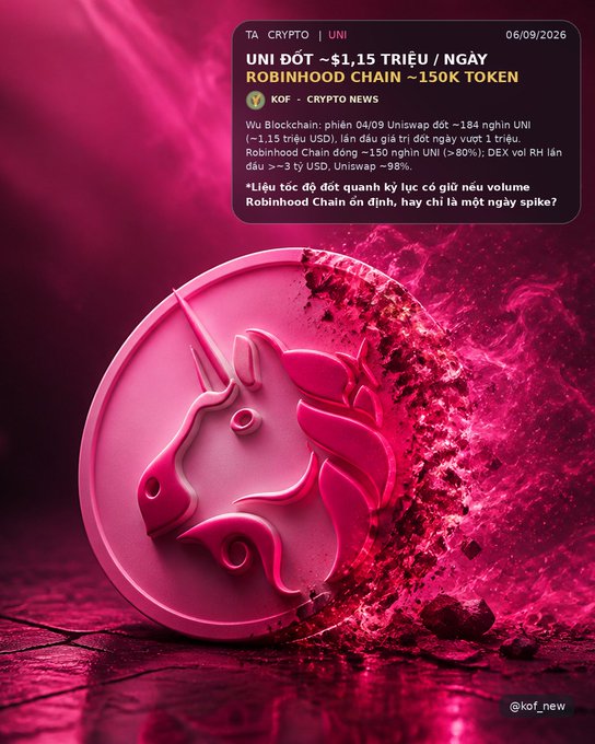 A pink-themed crypto news graphic featuring a 3D unicorn coin for 'UNI' (Uniswap), with text discussing ~1.15 million UNI/day burning on Robinhood Chain and ~150K tokens per day.