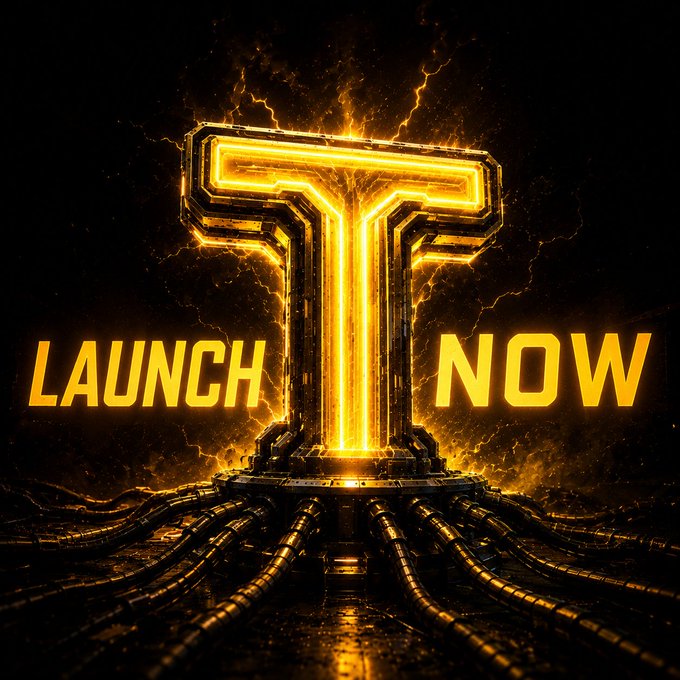 A dramatic digital artwork featuring a glowing golden metallic letter 'T' with electrical energy crackling around it, set against a dark industrial background with the text 'LAUNCH NOW'.
