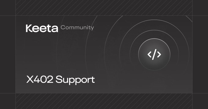 A dark promotional banner for Keeta Community featuring "X402 Support" in white text on the left, with a glowing circular code icon on the right. The graphic reinforces the "x402 everywhere" message by positioning Keeta Community as a hub supporting the X402 protocol.