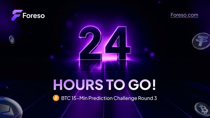 The image features a poster for a 24 hour Bitcoin prediction challenge. The poster has a dark background with purple neon numbers, which are the main focus of the image. Below these numbers, there's text that reads "24 hours to go! Last chance to call UP or DOWN and climb the leaderboard!" followed by an explanation about the challenge in white text. In the bottom right corner, there is a small amount of text that says "foreso.com/event-pool #foreso #predictionmarket #BTC". The image also includes several Bitcoins scattered throughout it, which are likely used as prizes for the challenge.