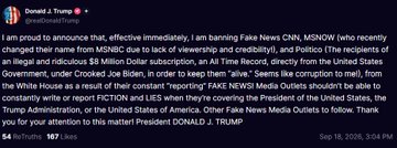 A tweet from Donald J. Trump (@realDonaldTrump) dated Sep 18, 2026, announcing a lawsuit against Fake News CNN, MSNOW, and Politico for an alleged $8 billion defamation regarding the White House.