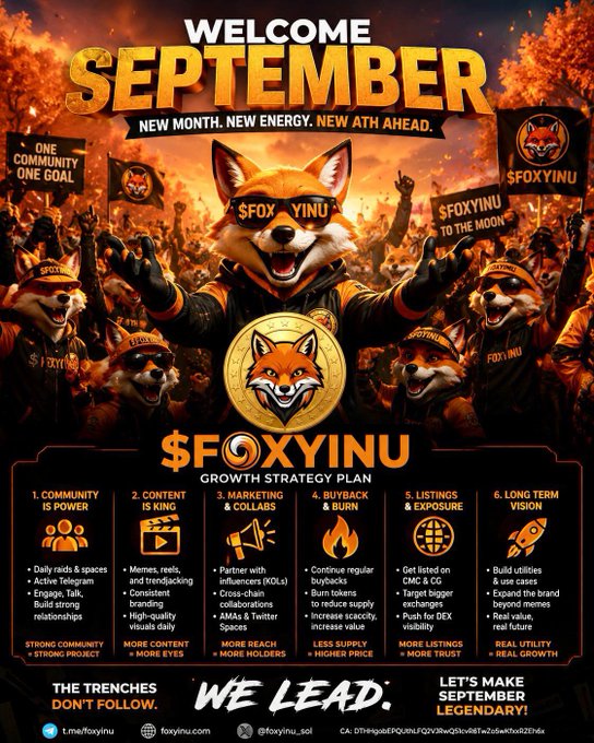 A vibrant promotional poster featuring anthropomorphic foxes wearing "$FOXYINU" sunglasses at a rally, welcoming September with a six-pillar growth strategy plan (Community, Content, Marketing & Collabs, Buyback & Burn, Listings & Exposure, and Long Term Vision), and displaying the $FOXYINU token contract address (DTHHgobEPQUthLFQ2VJRwQ51cvR6TwZo5wKfxxRZEh6x) to invite the community to join the "WE LEAD" movement on Solana.