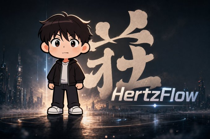 Stylized cartoon character with dark hair standing in front of a city skyline backdrop featuring large Chinese characters and the text 'HertzFlow'.