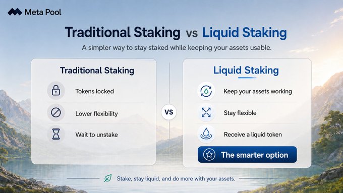 A Meta Pool infographic comparing 'Traditional Staking vs Liquid Staking', highlighting that traditional staking involves locked tokens while liquid staking offers flexibility to keep assets working.